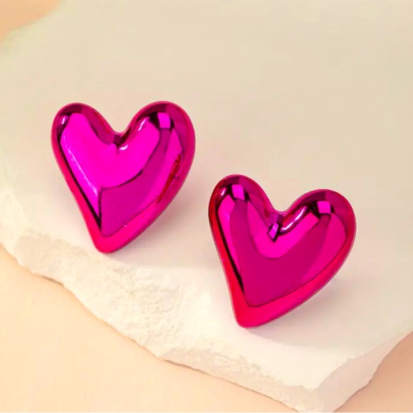 Fuschia Chrome Heart Earrings - Picture 3 of 5